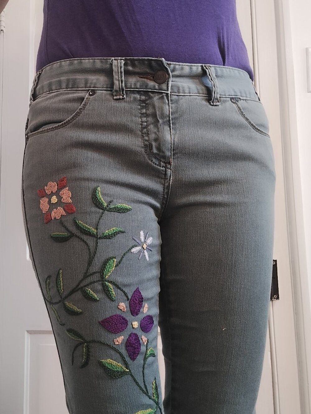 OOAK Hand Embroidered Free People Jeans, Wearable Art, Floral Embroidery